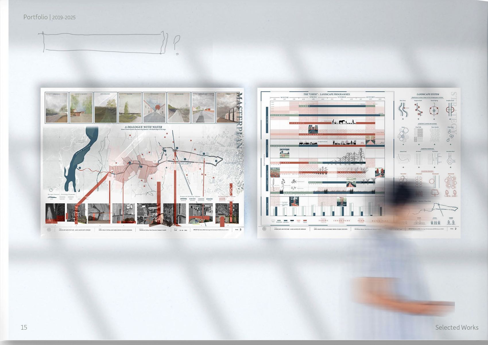 Competition boards including a masterplan titled A Dialogue with Water and a full landscape programme table.