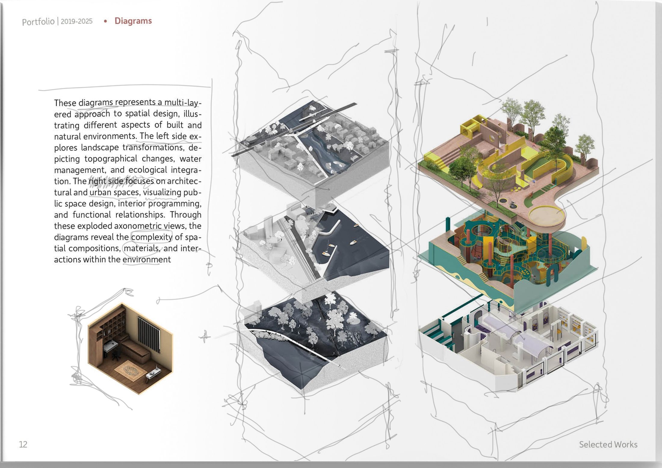 Exploded axonometric diagrams — stacked landscape strata on one side and a coloured children’s play interior pulled apart into layers on the other.