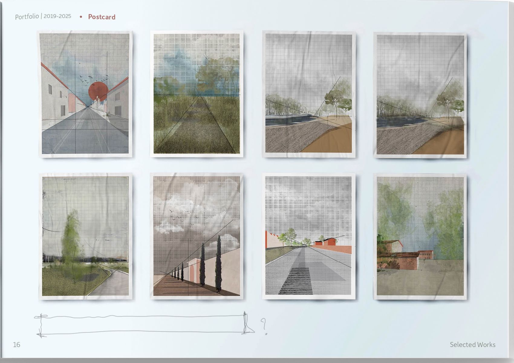 Eight gridded postcard illustrations of roads, poplars, fields and rooflines in muted colour over a drafting grid.
