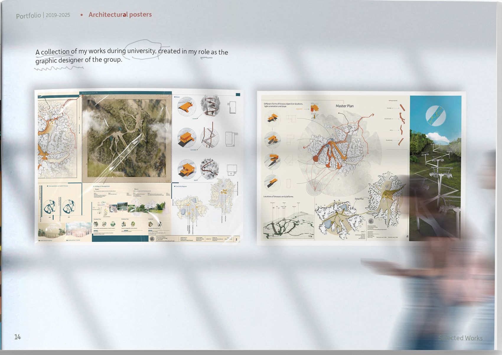 Two large-format architectural posters combining maps, aerial photography, isometric details and masterplans.