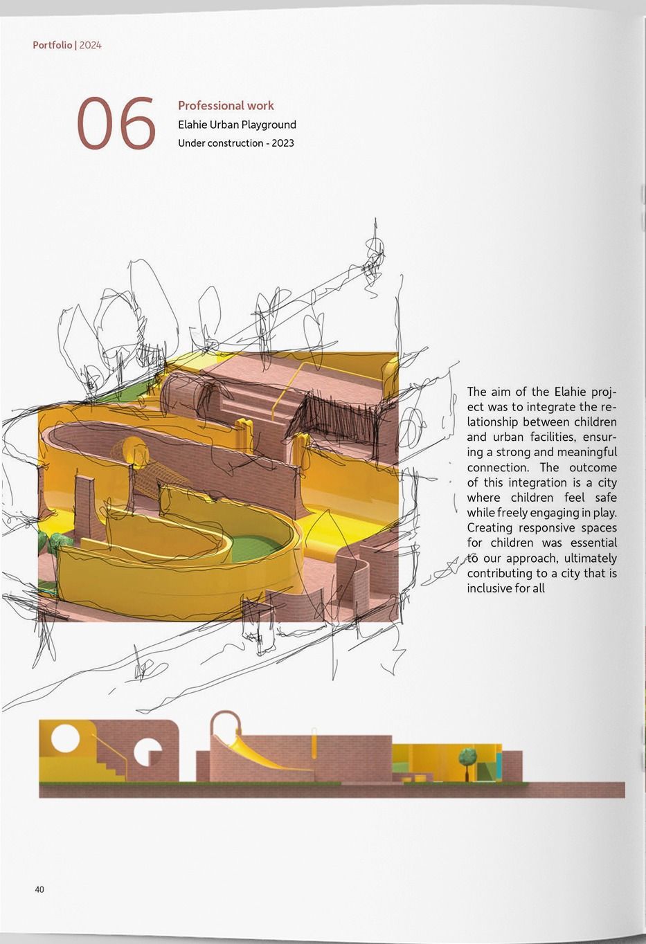 Concept sketch of the playground in orange and yellow over loose black linework, with a flat colour elevation below.