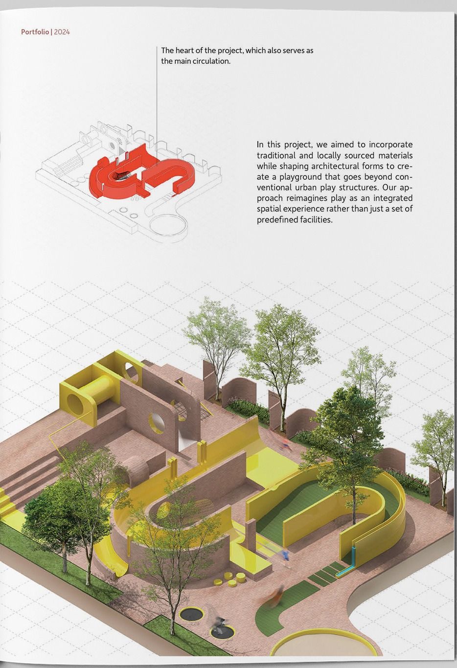 Isometric render of a playground in terracotta and yellow — curved walls, ramps, steps and circular openings threaded through with trees and planting.