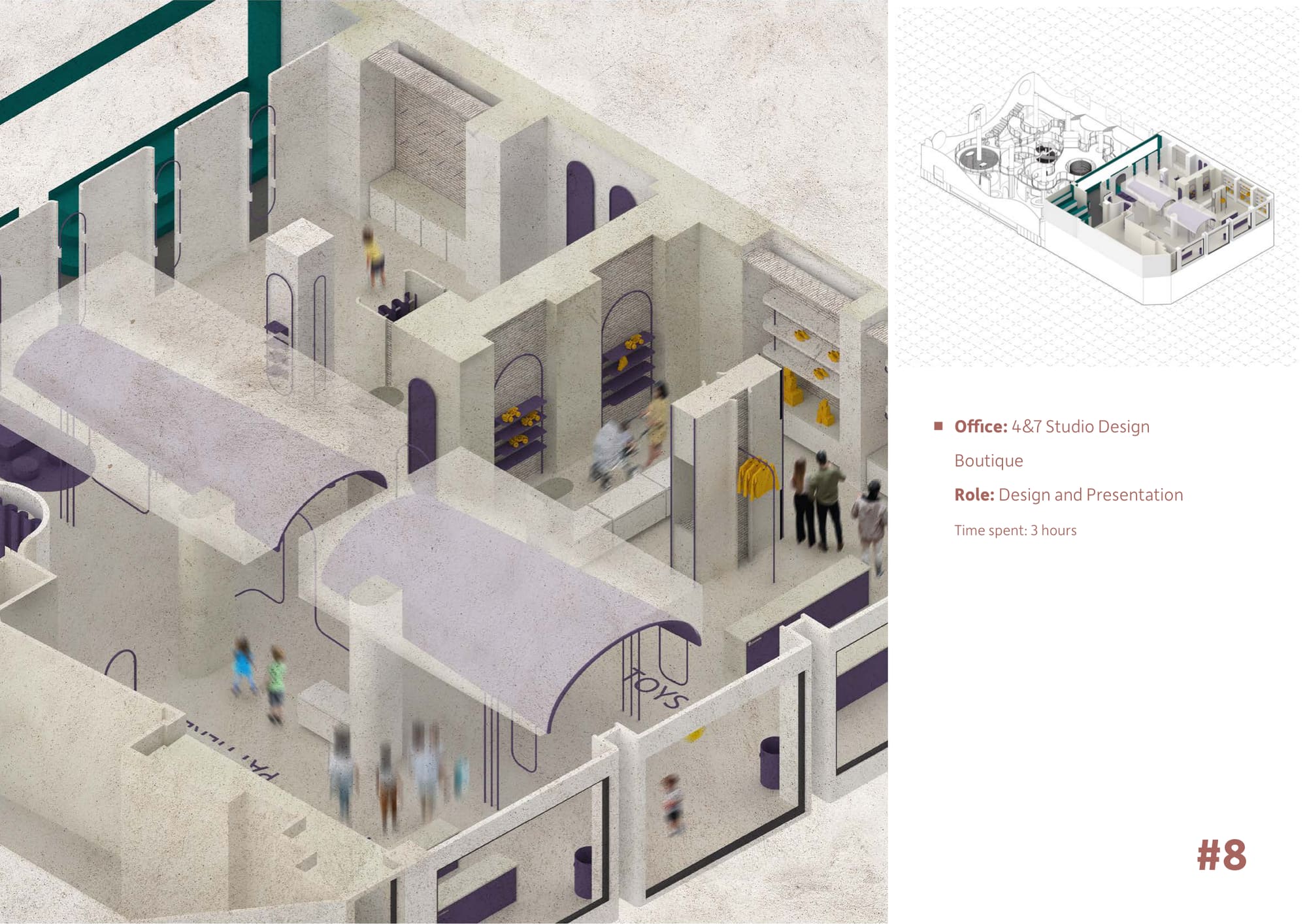 Cutaway isometric of a boutique in pale stone and violet, with vaulted display bays, arched mirrors and a green shopfront, and a small key isometric at the right.
