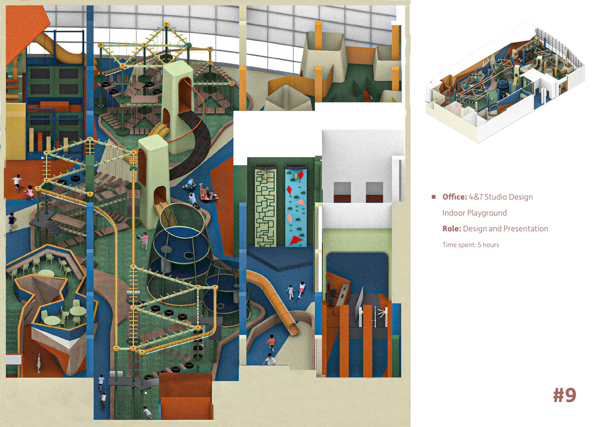Cutaway isometric of a second indoor playground: a rope climbing frame, a maze wall, a slide tower and a cafe terrace under a glazed roof.