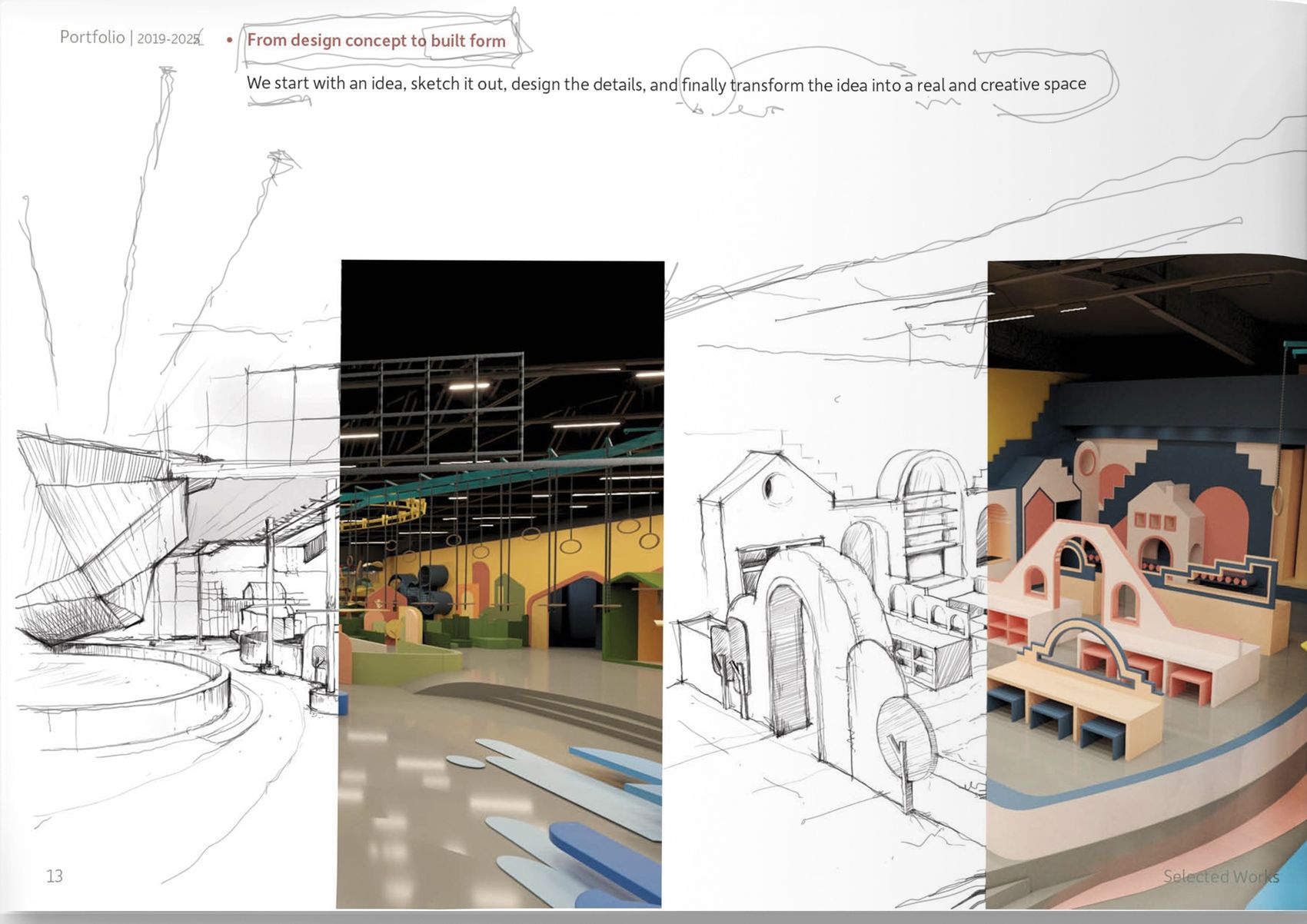 Sketches of children’s play interiors paired with photographs of the finished rooms, showing arches, ramps and colour built as drawn.