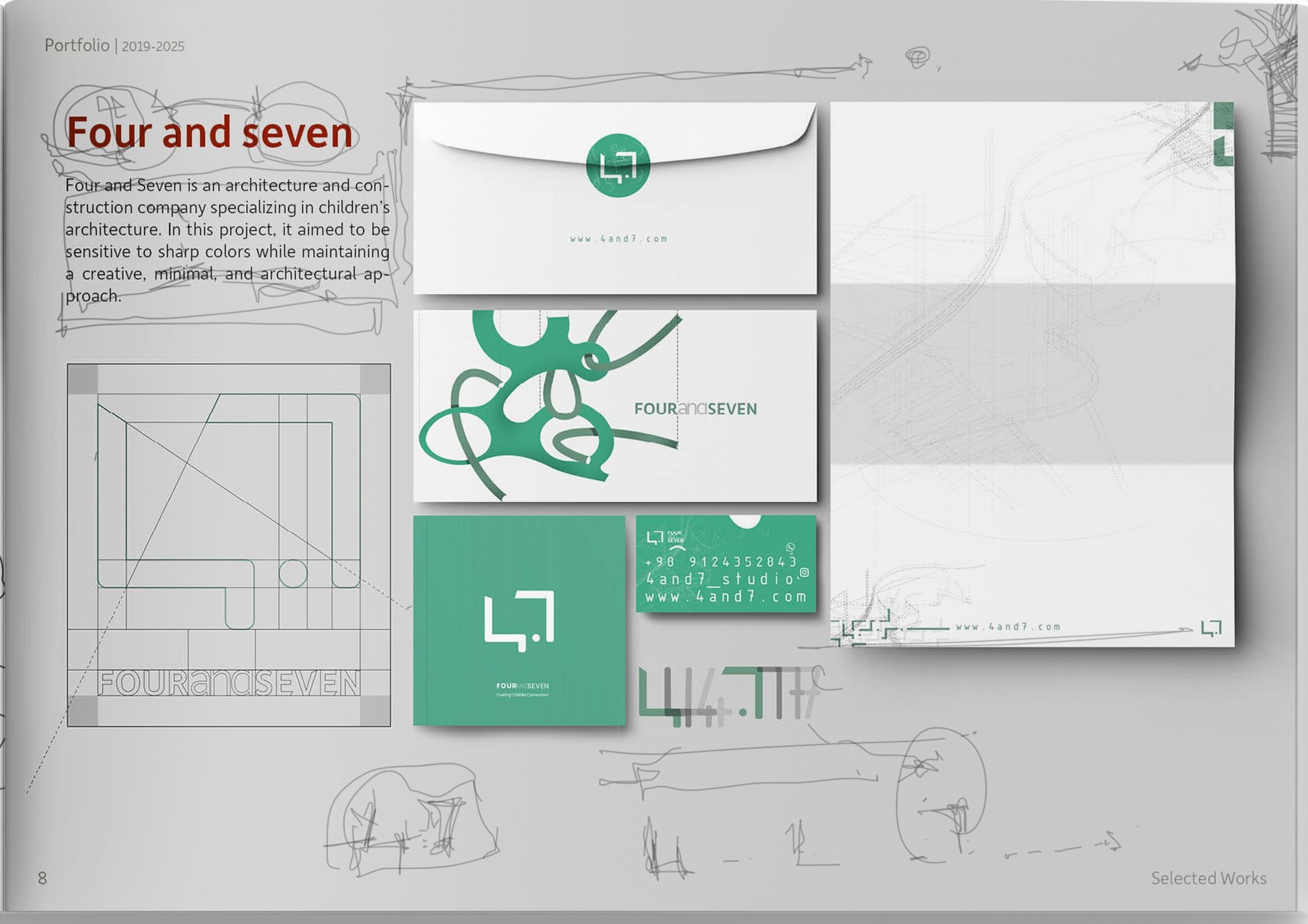 Four and Seven identity in green and white — logo construction grid, envelope, business cards, letterhead and a looping brand illustration.