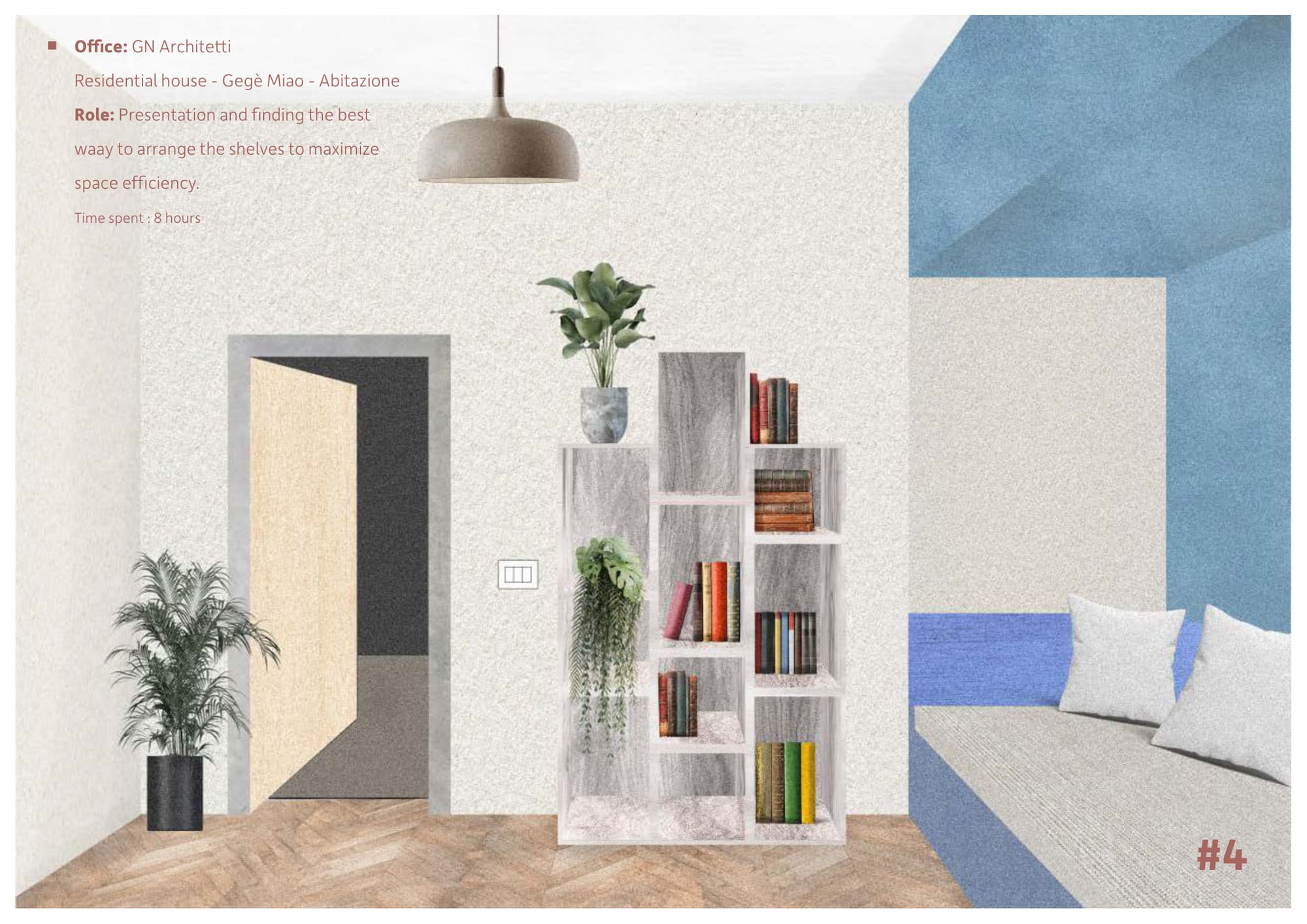 Interior render of a living room: a stepped stone-veneer shelving unit holding books and plants, beside a pale door and a blue built-in bench.