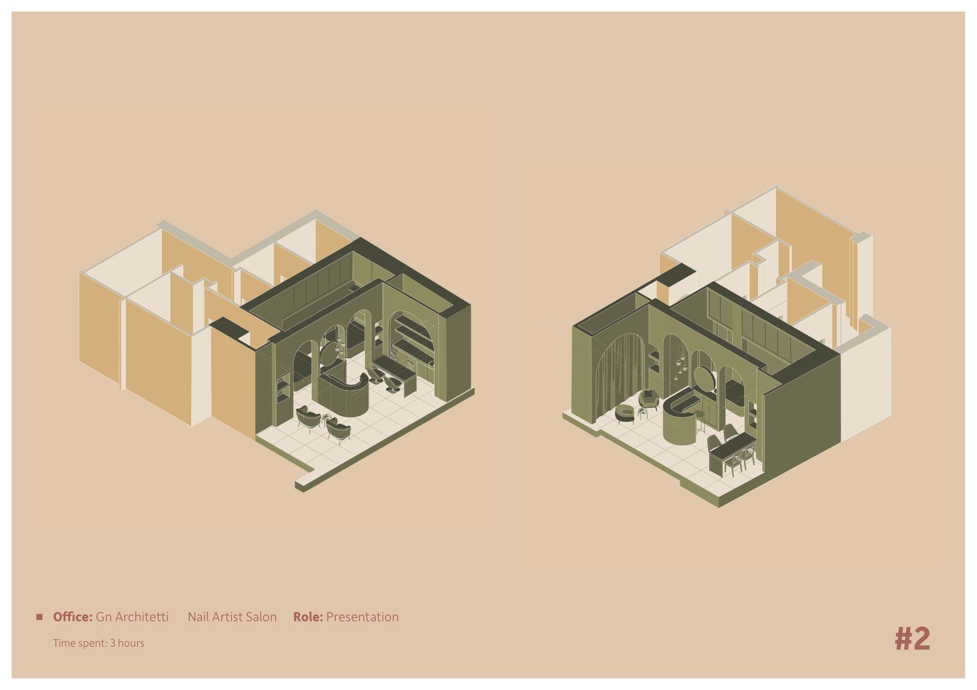 Two cutaway isometrics of a nail salon on a tan ground, showing arched joinery, a curved counter and seating from opposite corners.