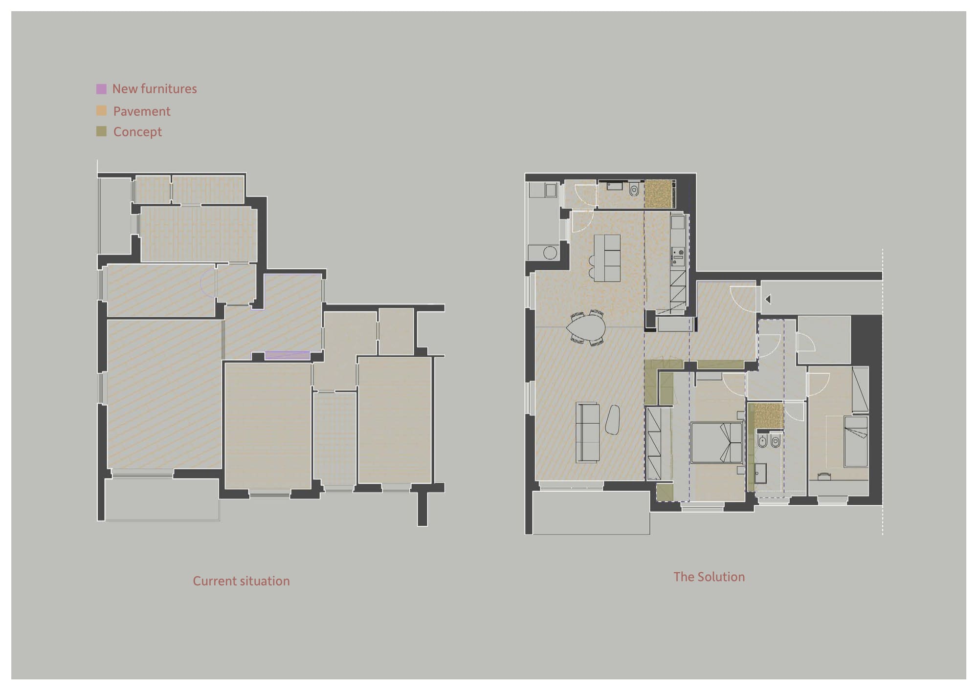 Current and proposed plans side by side on a grey ground, with new furniture, pavement and concept keyed in violet, ochre and olive.