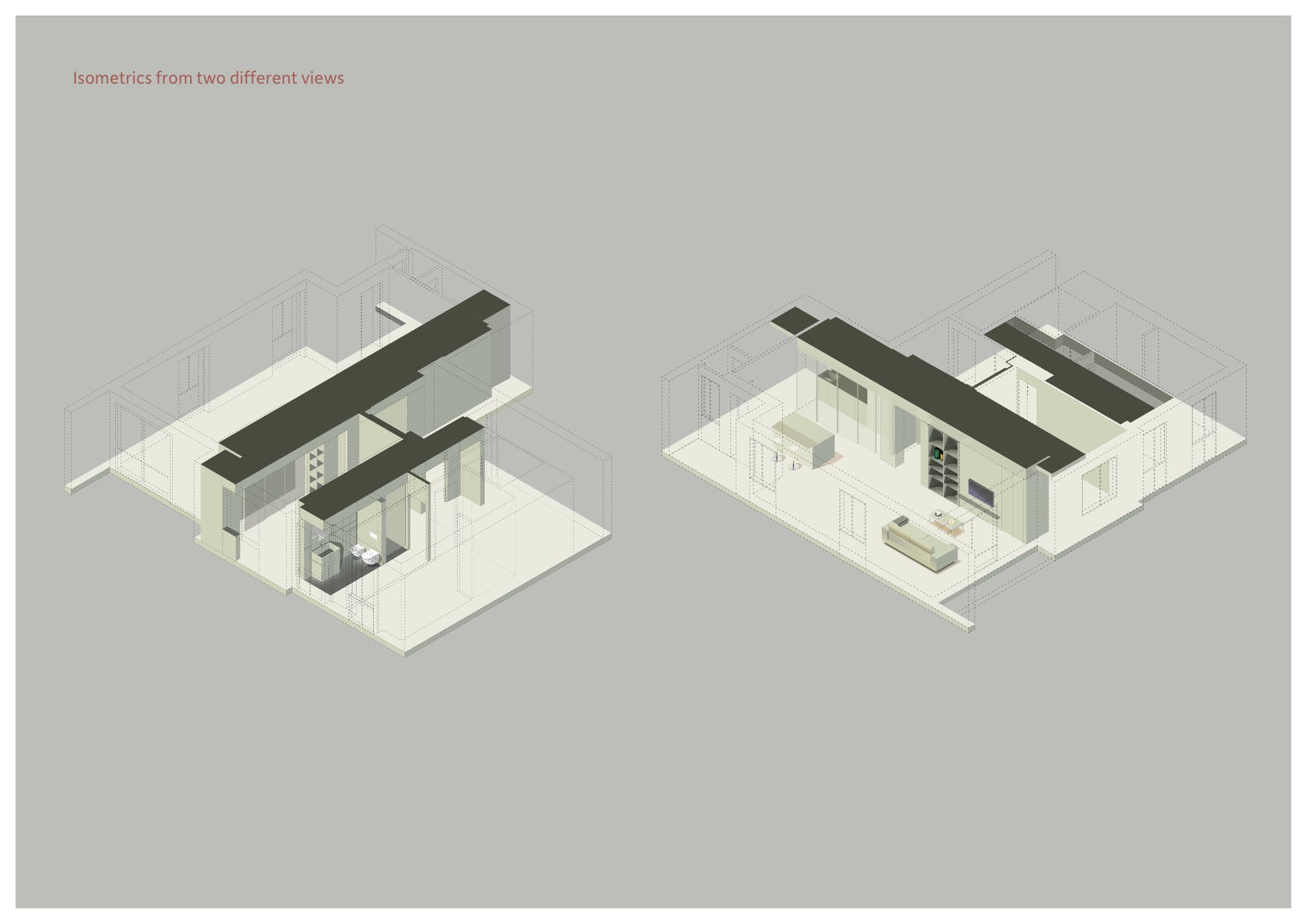 Two wireframe isometrics of the same flat from opposite corners, with solid dark ceiling beams over an otherwise transparent shell.
