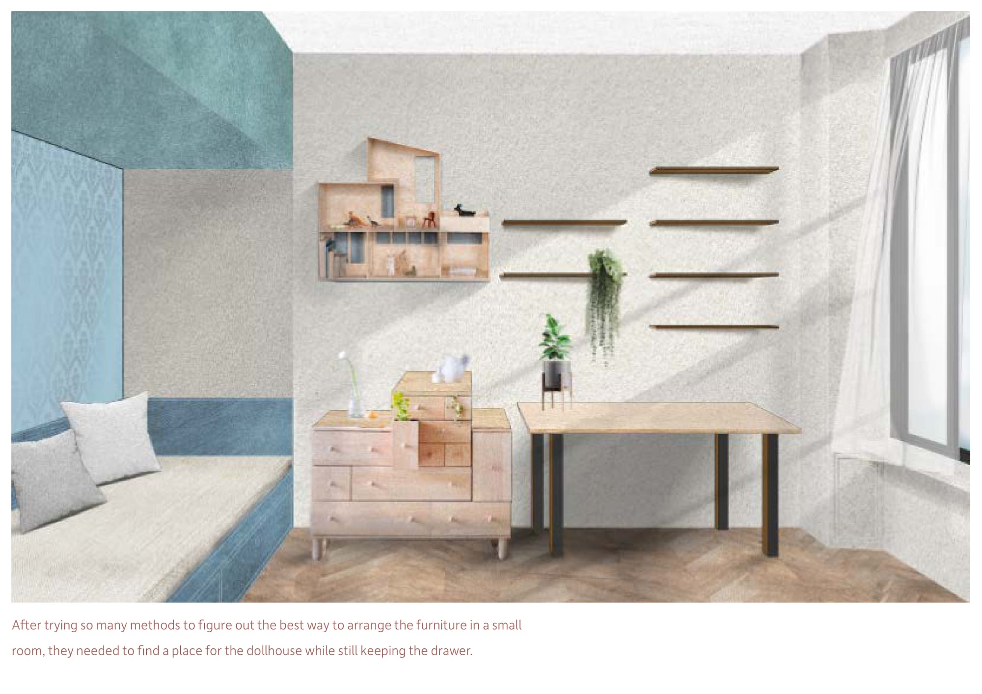 Render of a small room with a wall-mounted dollhouse, floating shelves, a pale chest of drawers and a desk against a blue built-in bed.