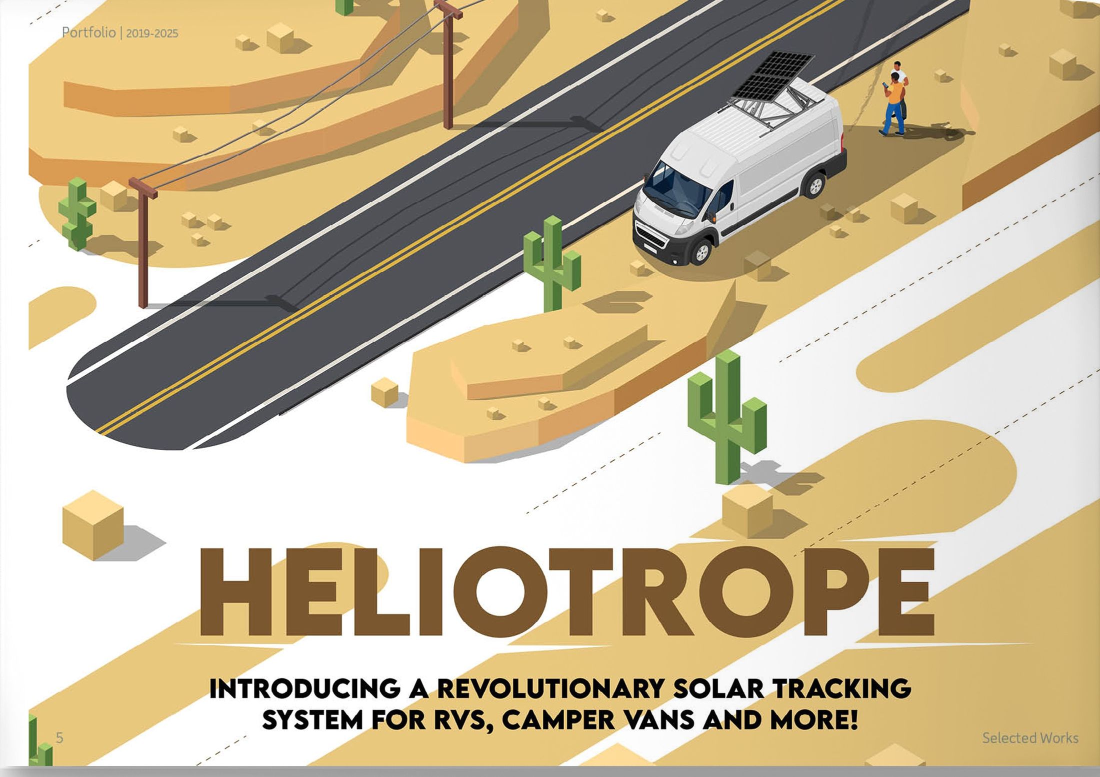 Flat isometric illustration of a desert highway in ochre and sand, a white camper van with a roof-mounted solar array, and the word Heliotrope set large below.