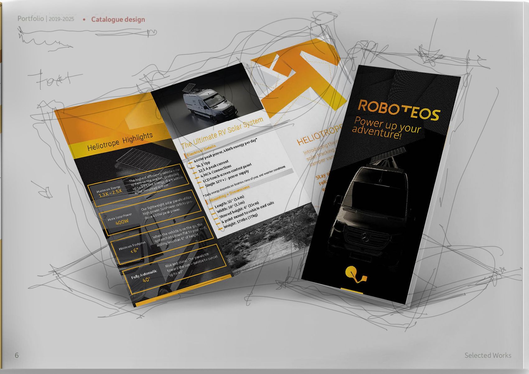 Trifold catalogue spread and a black product brochure showing specifications and a vehicle at night.