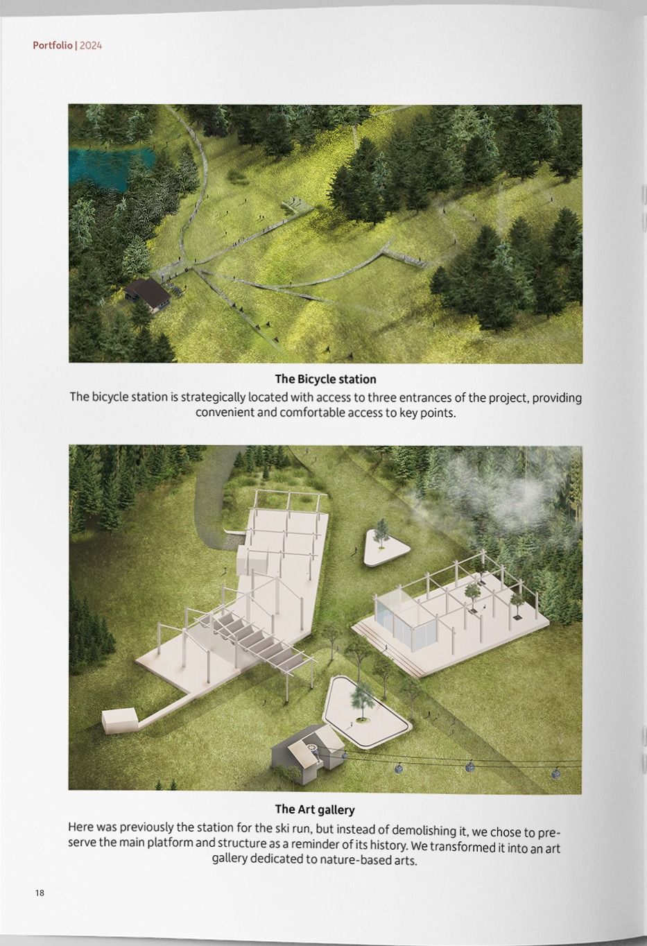 Two aerial renders: the bicycle station in a clearing, and the former ski station rebuilt as an open-frame art gallery.