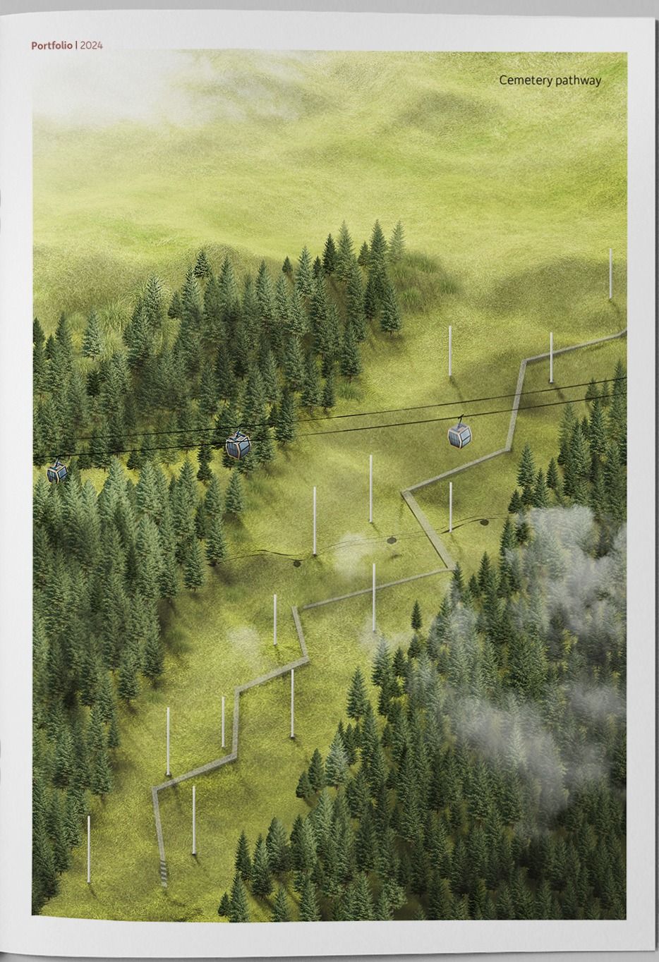 Aerial render of a raised walkway threading through dense conifer forest and open meadow on a misty mountainside, with cable-car cabins crossing above.