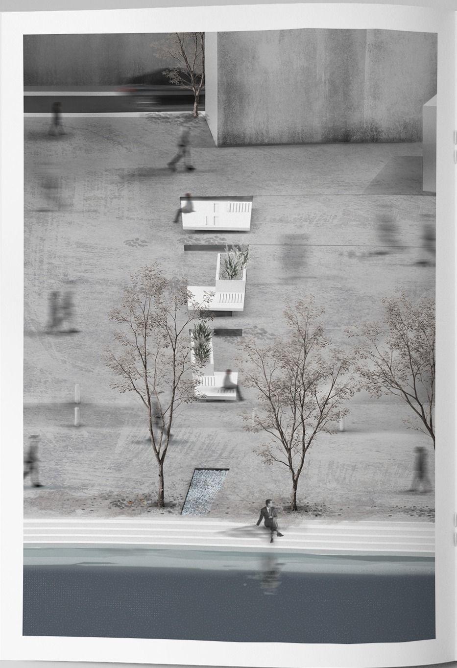 Desaturated render of a public square with young trees, low white planters and a figure seated at the water edge.