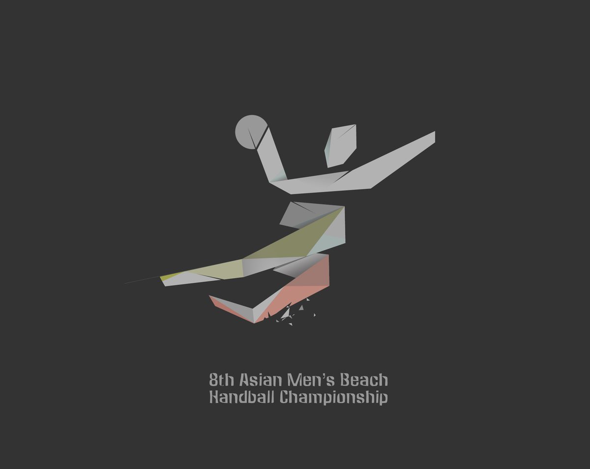 Logo for the 8th Asian Men’s Beach Handball Championship — a faceted figure mid-leap throwing a ball, built from angular planes in grey, olive and coral.