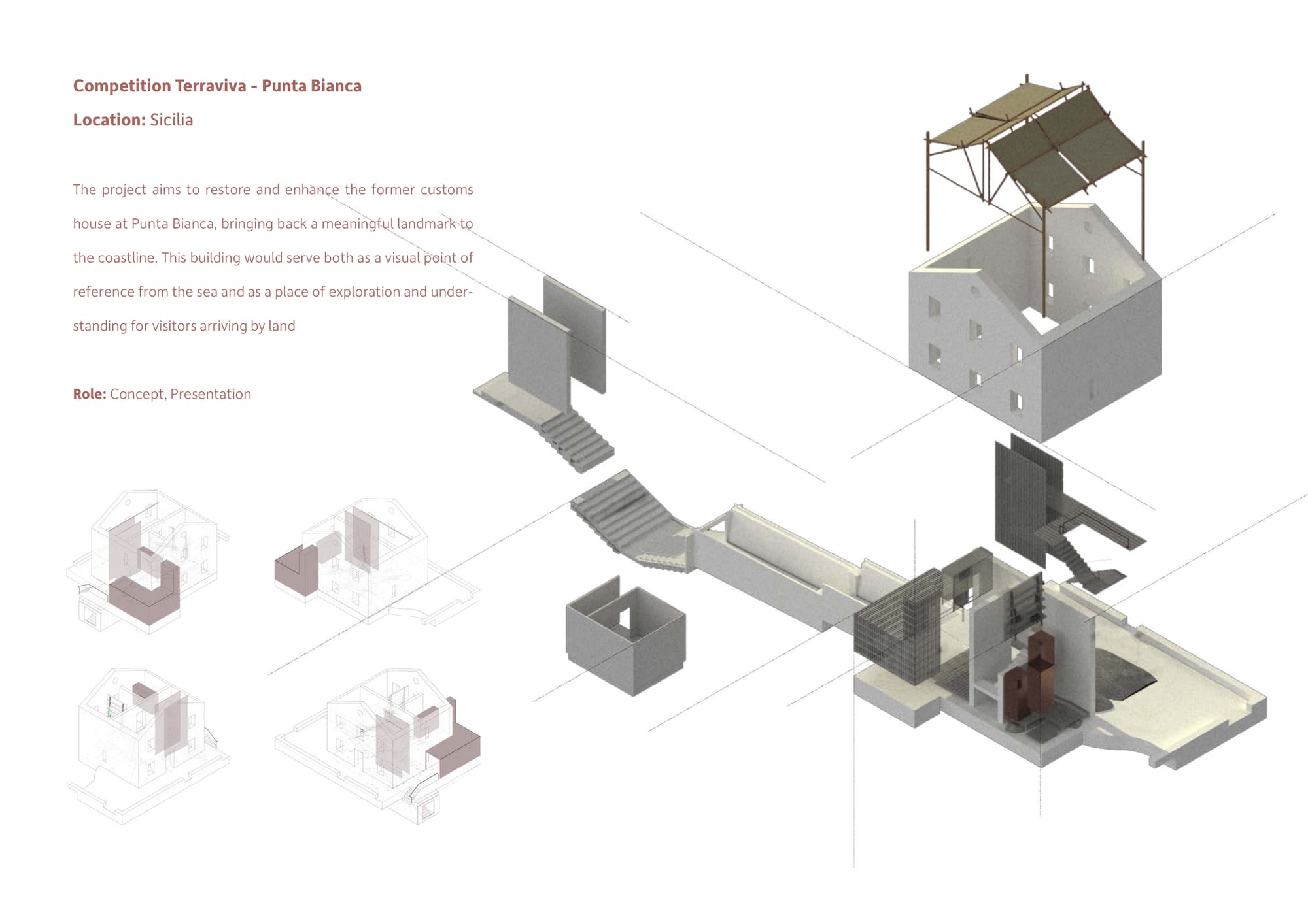 Large exploded axonometric of the customs house, with slabs, stairs, screens and the roof structure pulled apart, and four smaller massing studies at the left in pink and grey.