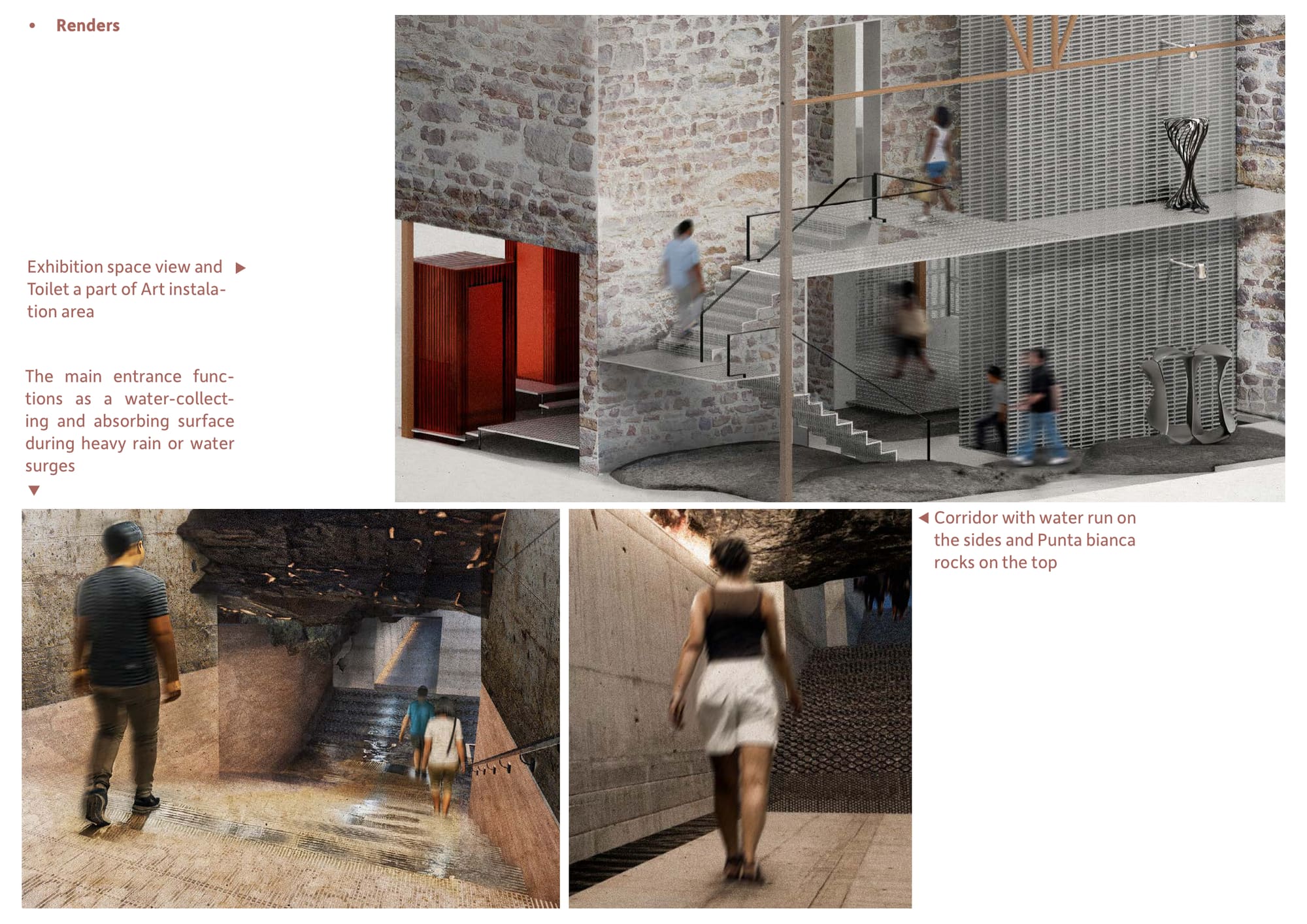 Three interior renders: a cutaway of the exhibition floors with the stair and mesh screens, and two views of the corridor with water running at the sides and rock overhead.