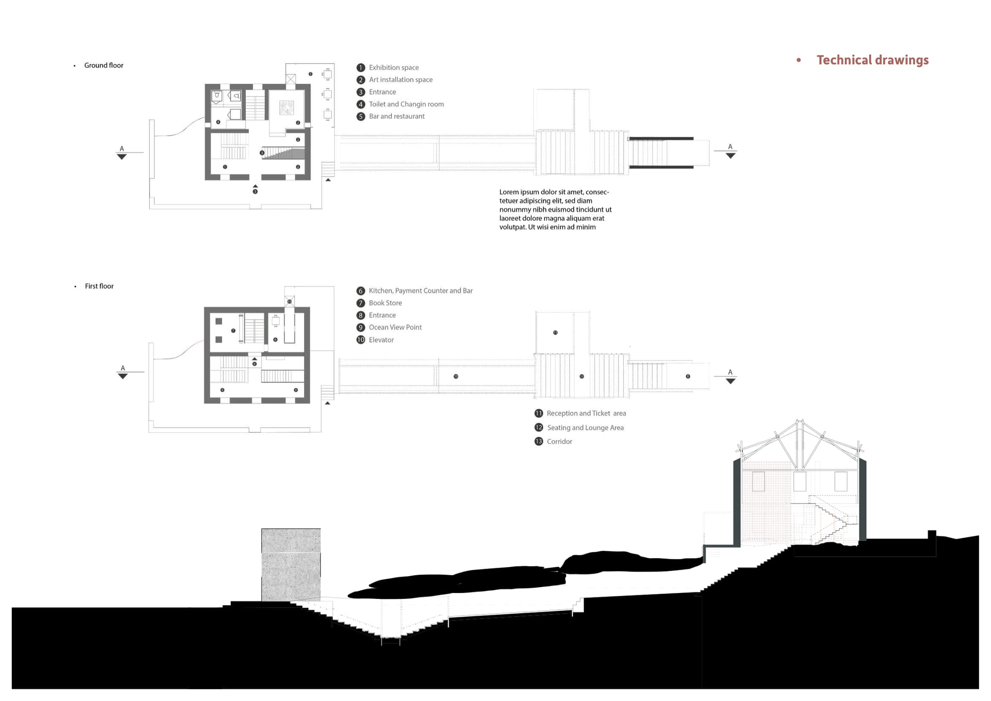 Ground and first floor plans with numbered rooms, section marks, and a long site section running through the rock terraces below the building.