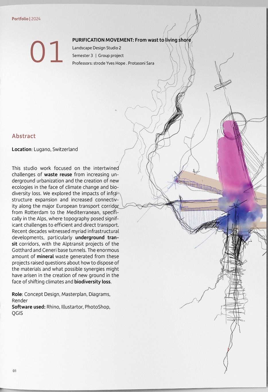 Concept drawing: fine black linework over a magenta and blue wash, mapping the corridor through the Alpine valley.