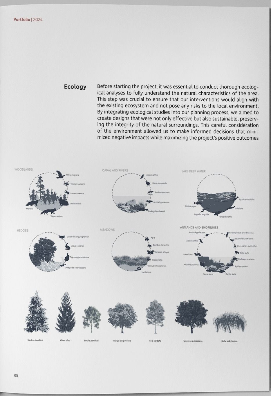 Ecology study: six circular vignettes for woodlands, hedges, canals and rivers, meadows, deep lake water and wetlands, above a row of tree elevations.