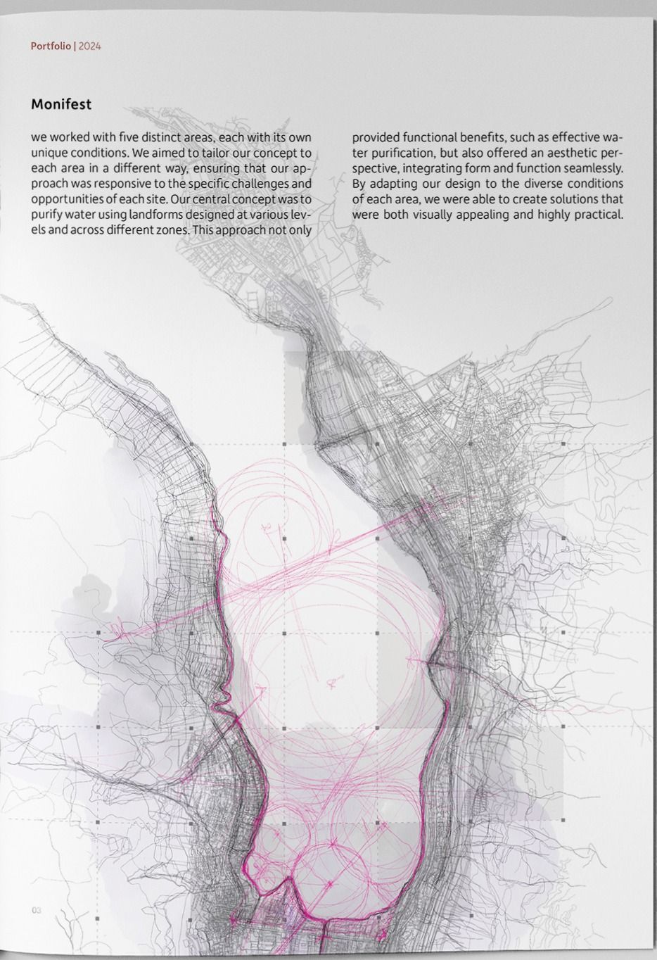 Dense drawing of the valley in overlapping grey contour lines with a magenta boundary tracing the intervention area.