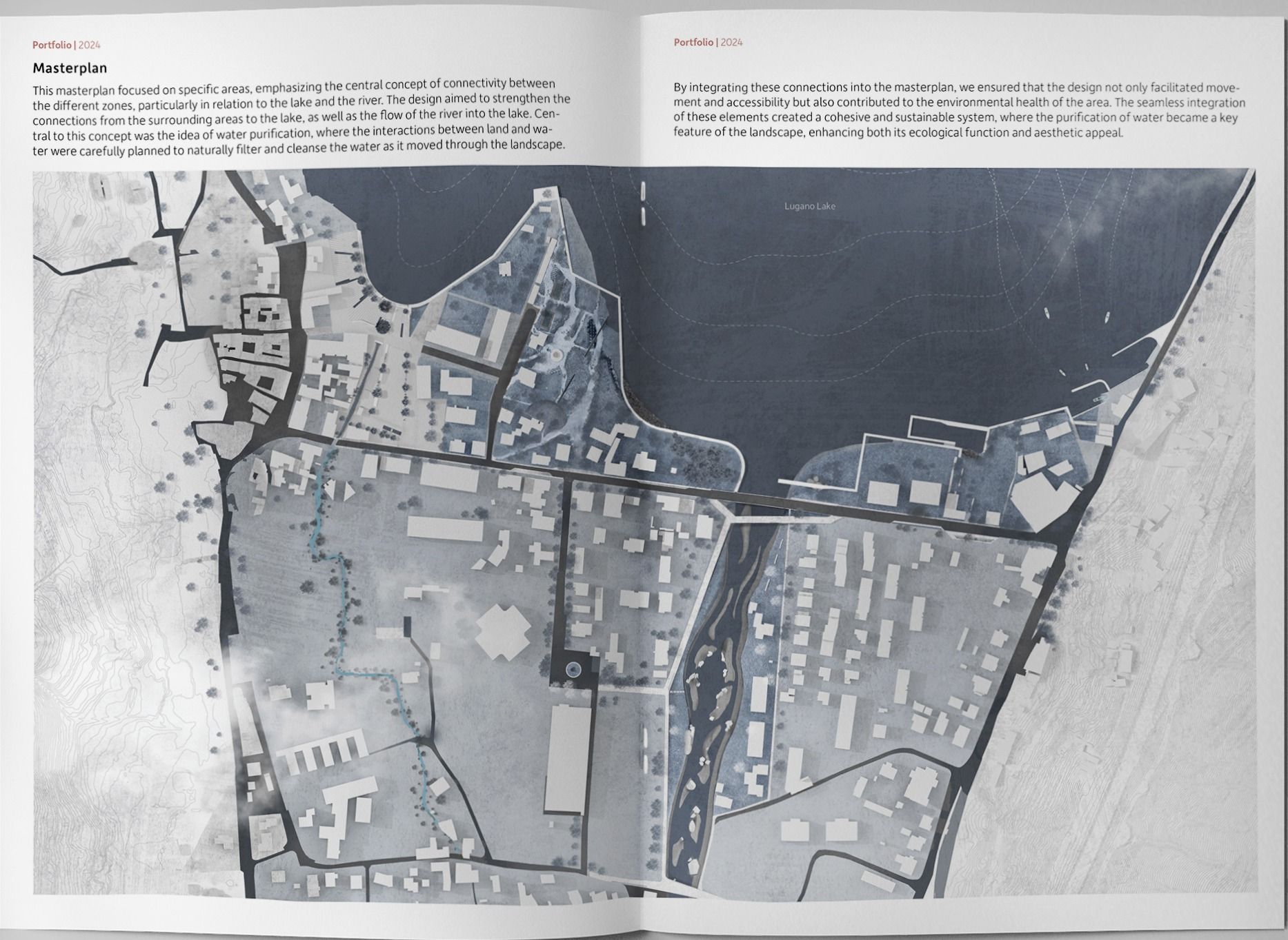 Masterplan of the Lugano lakeshore in tonal greys and blues, showing the town grid, the river corridor and the purifying landforms meeting Lake Lugano.