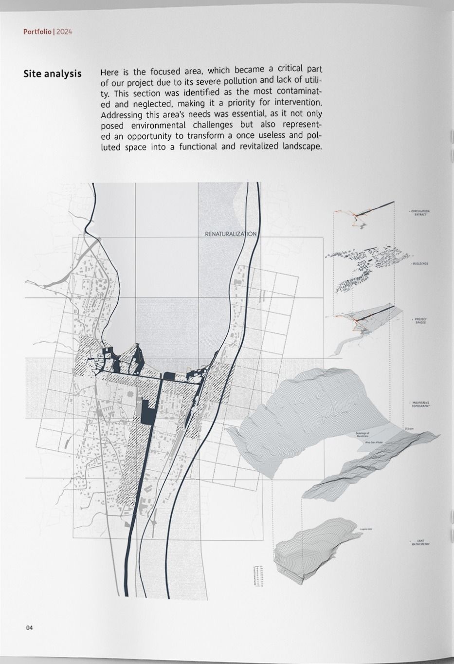 Site analysis: a gridded plan of the contaminated riverside, with sectional terrain models exploded to the right.