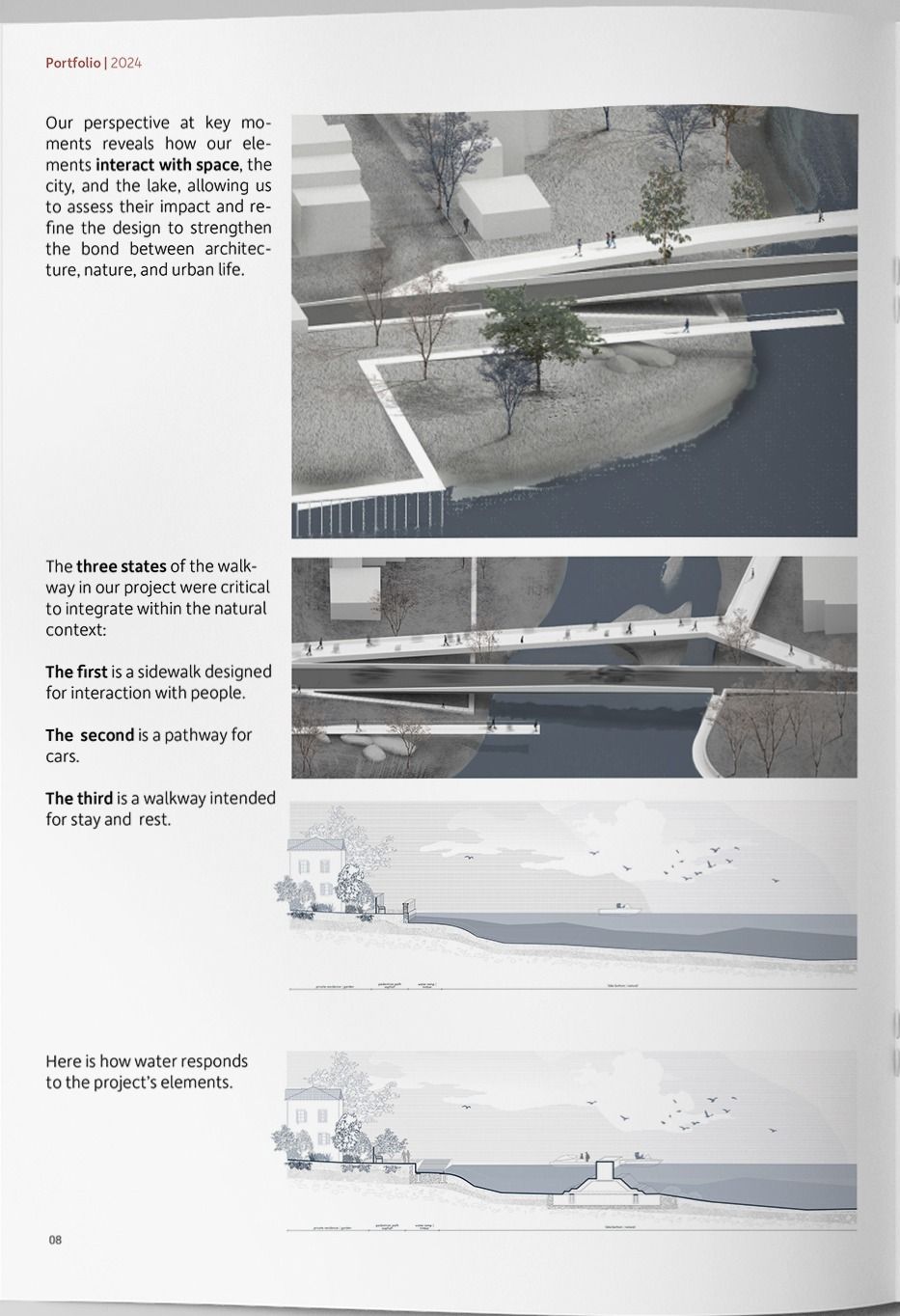 Perspective views and long sections showing the three states of the walkway and how water responds to the project.