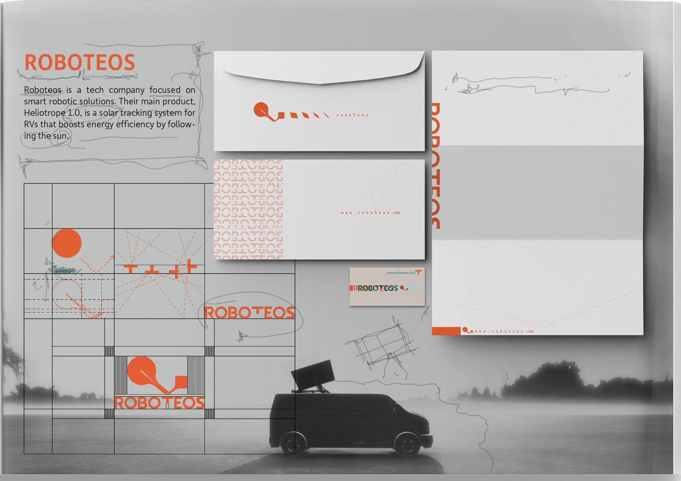 Roboteos brand identity laid out in orange and white — logo construction grid, envelope, business cards, letterhead, signage and a black service van.