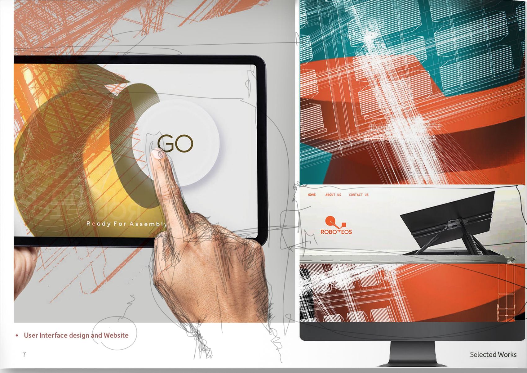Product interface on a tablet with a large circular GO control, and the Roboteos website shown on a desktop monitor.