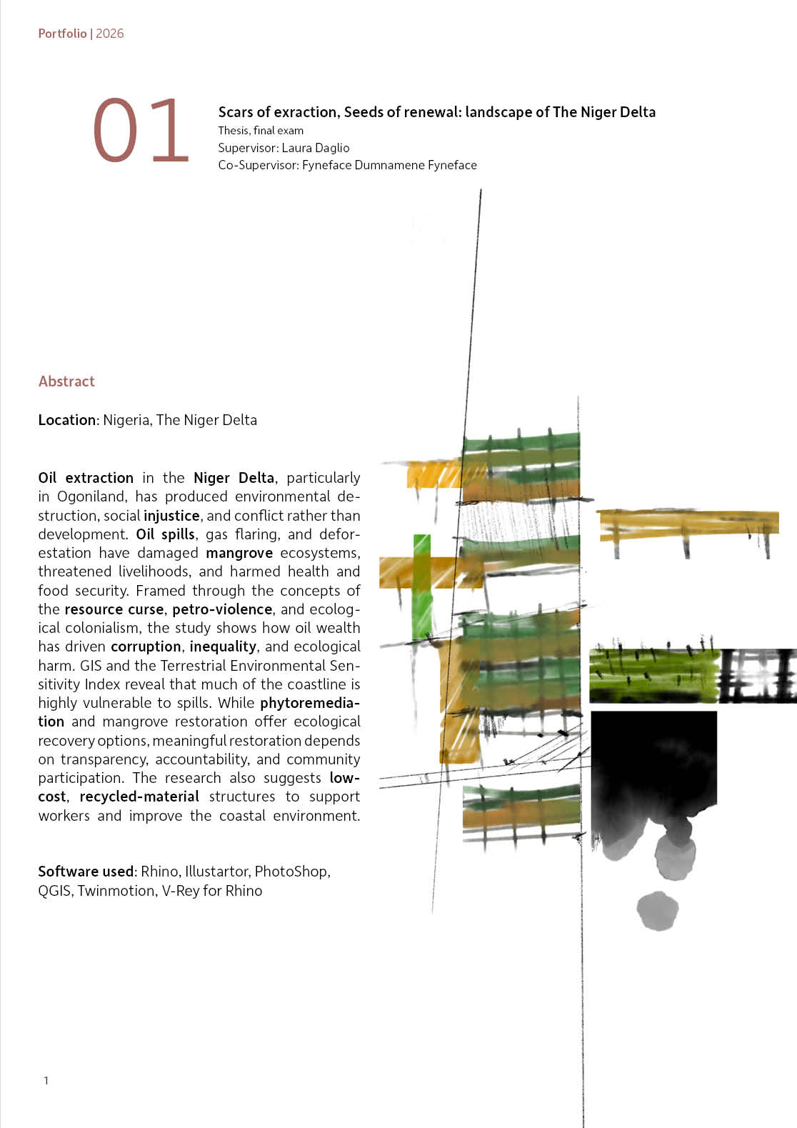 Title page: a collage of green, ochre and yellow bands over sketched scaffold lines, with a black gradient block and small photographs of timber structures.