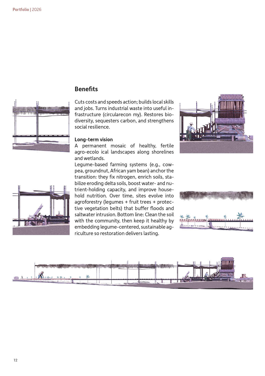 Benefits and long-term vision page, with small renders of the timber structures in use and a long panoramic section through the restored shoreline.