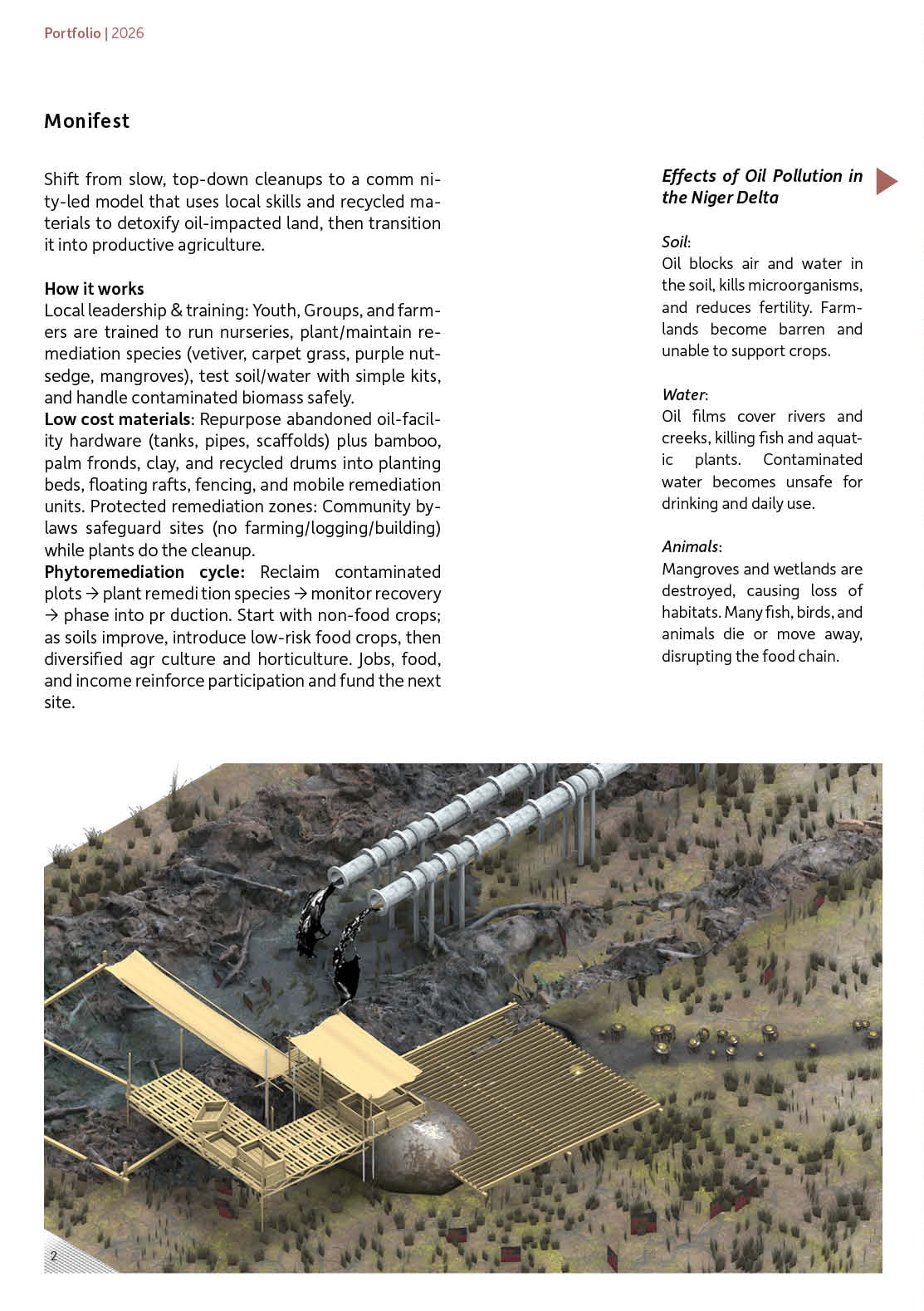 Manifest page setting out the community-led cleanup, with a render of a bamboo and timber platform standing over dark contaminated water beside a bare tree.