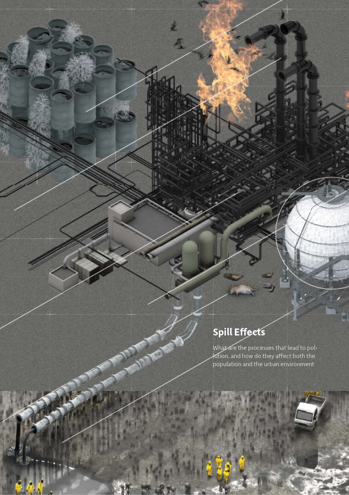 Grey isometric drawing of an oil facility: storage tanks, pipe racks, a flare stack burning, a spherical vessel, dead animals on the ground and workers in yellow suits at the waterline.
