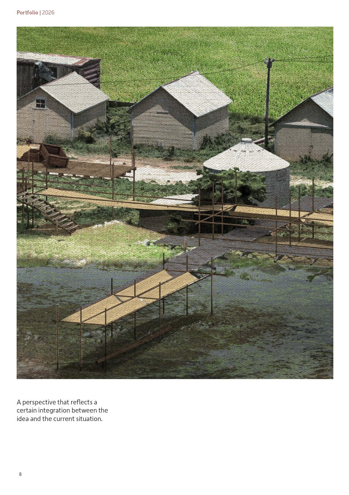 Render of a delta village: brick and corrugated houses on green ground, a conical silo, and a bamboo scaffold walkway carried over the water on stilts.