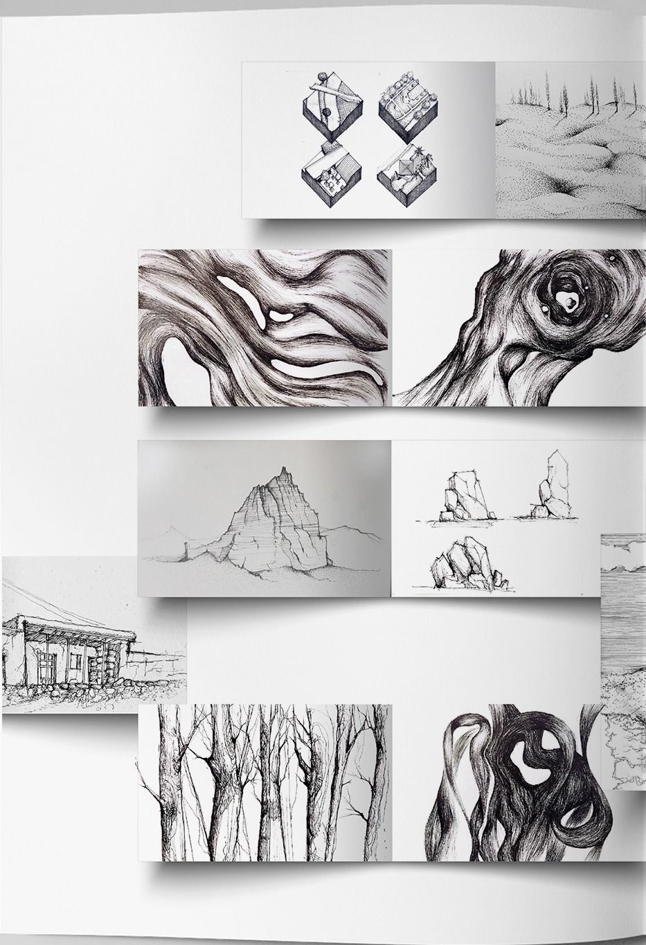 Pen sketches of isometric building studies, dunes, twisting wood grain, a mountain peak and rock stacks.