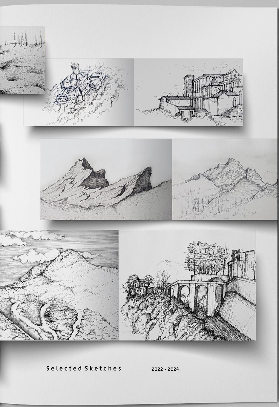 Pen sketches of a hill town, a monastery, mountain ranges and a cliffside viaduct.