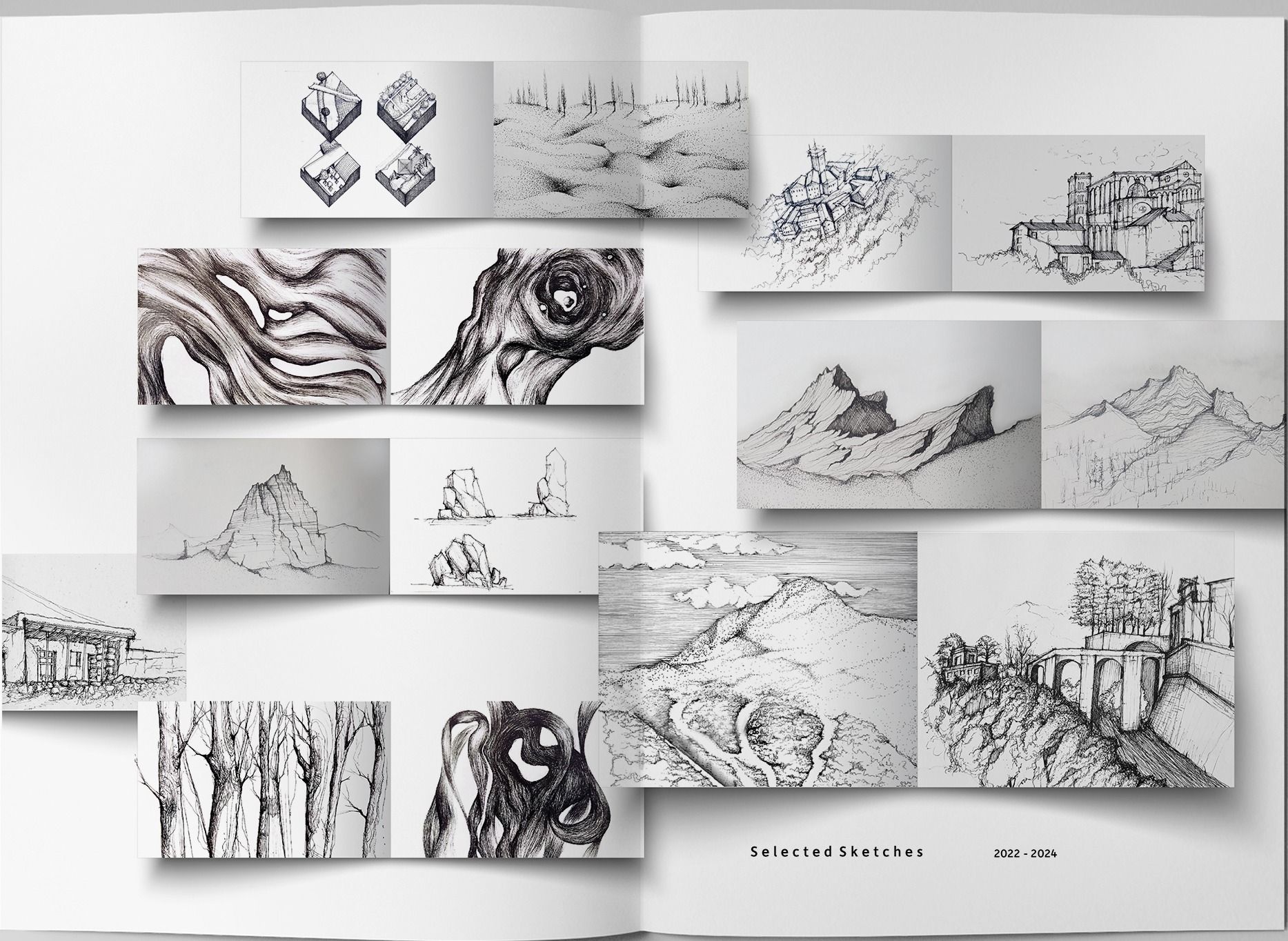 A loose grid of pen and pencil sketches — mountain ranges, rock formations, a hill town, twisting wood grain, bare trees and a cliffside viaduct.
