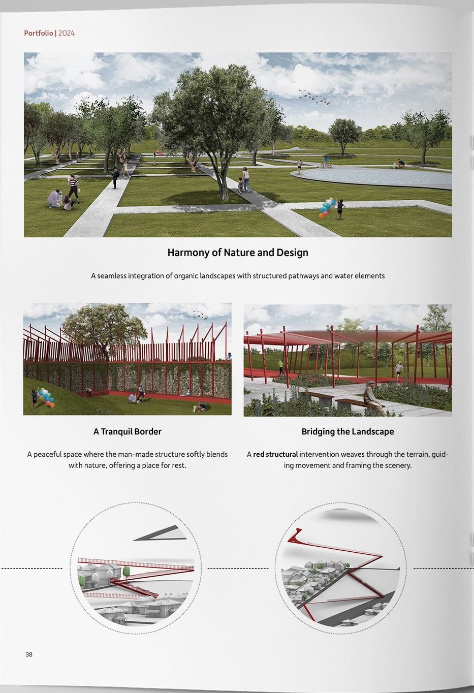 Render of a park with mown lawns, mature trees, a still water basin and paved paths, with people sitting and walking through it.