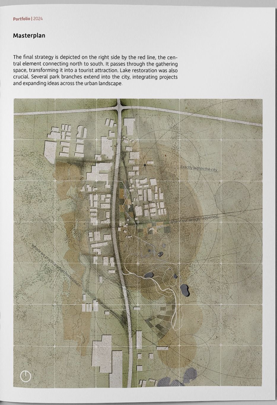 Masterplan in muted greens and ochres, the connecting route running north to south through the town to the lake.