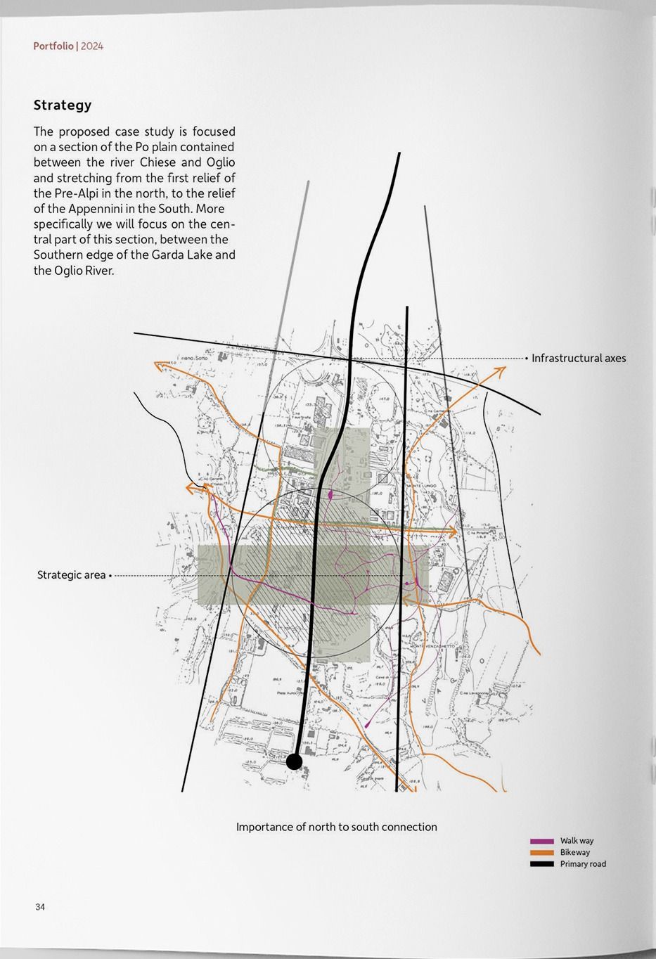Territorial strategy map with black infrastructural axes running north to south and orange bikeway and walkway routes.