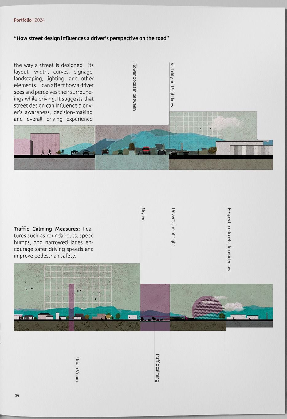 Two flat-colour street sections studying sightlines, skyline and traffic calming from a driver’s point of view.
