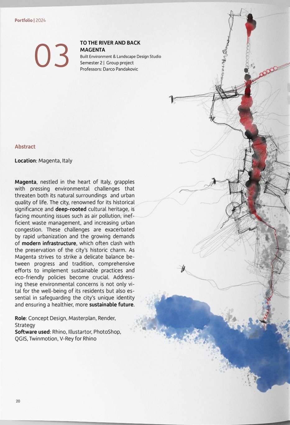 Concept drawing: black linework tracing the river corridor with a red spine and a blue wash where the water widens.