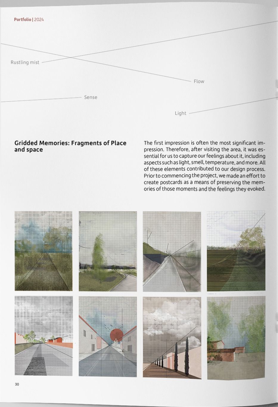Eight gridded postcard drawings of roads, tree lines, fields and buildings recording first impressions of the site.