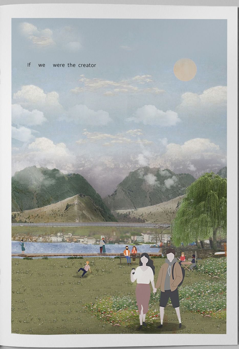 Illustrated render of a riverside meadow in flower, a couple walking through it, a willow to one side and mountains beyond a blue river under a cloud-filled sky.