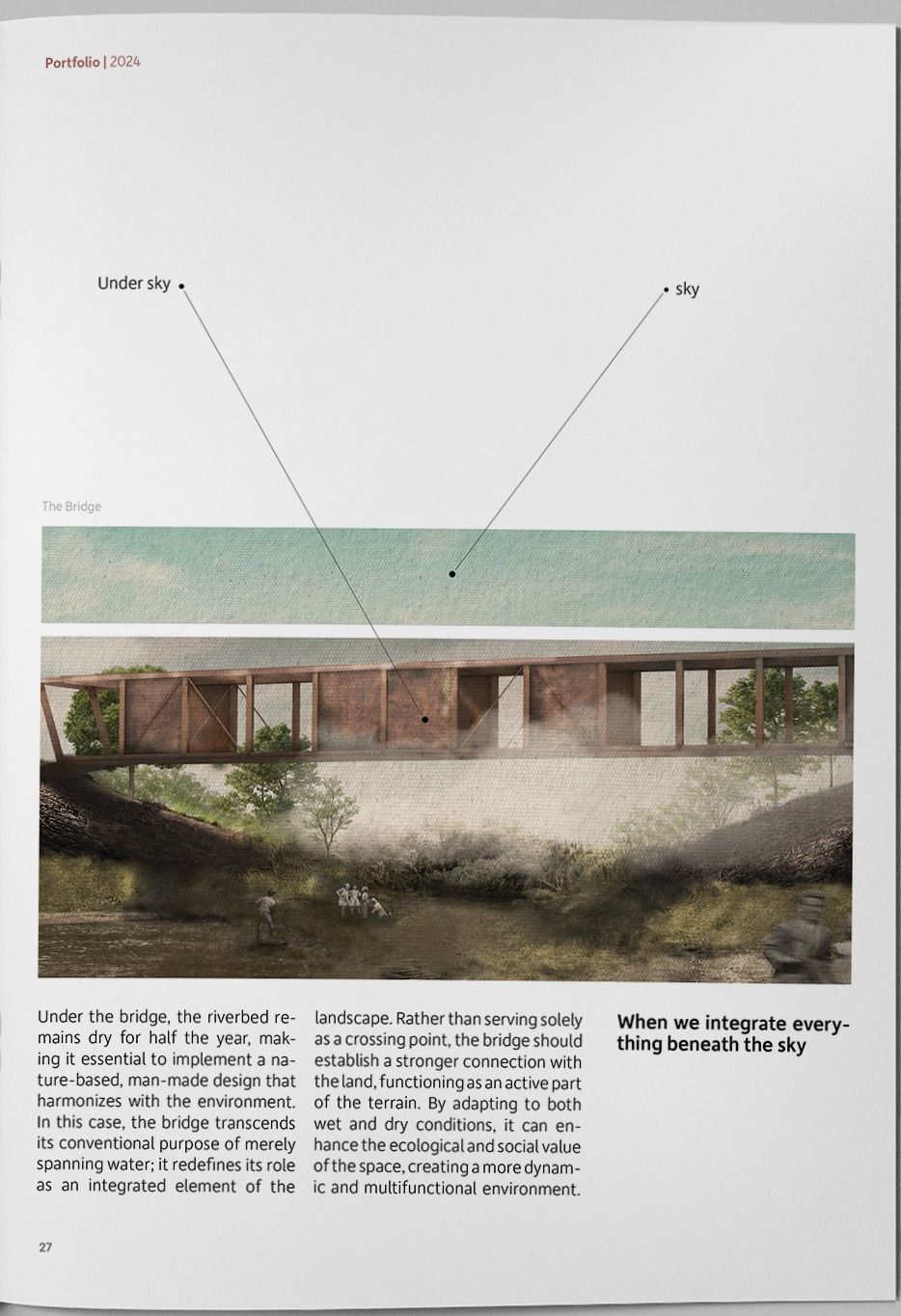 Long elevation of a timber and steel bridge spanning a dry riverbed, with figures wading in the shallow water below.