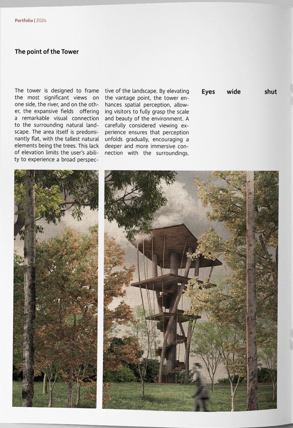 Two renders of a timber viewing tower among trees, its stair spiralling up to stacked platforms.