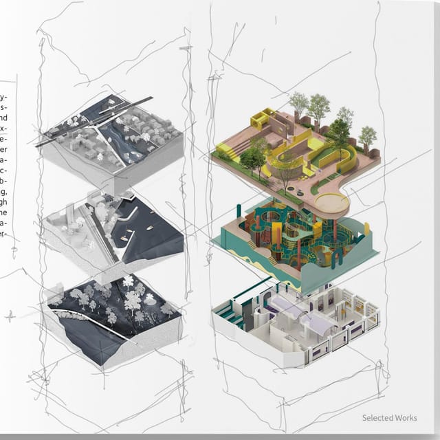 Exploded axonometric diagrams: stacked landscape strata on one side and a coloured children’s play interior pulled apart into layers on the other.
